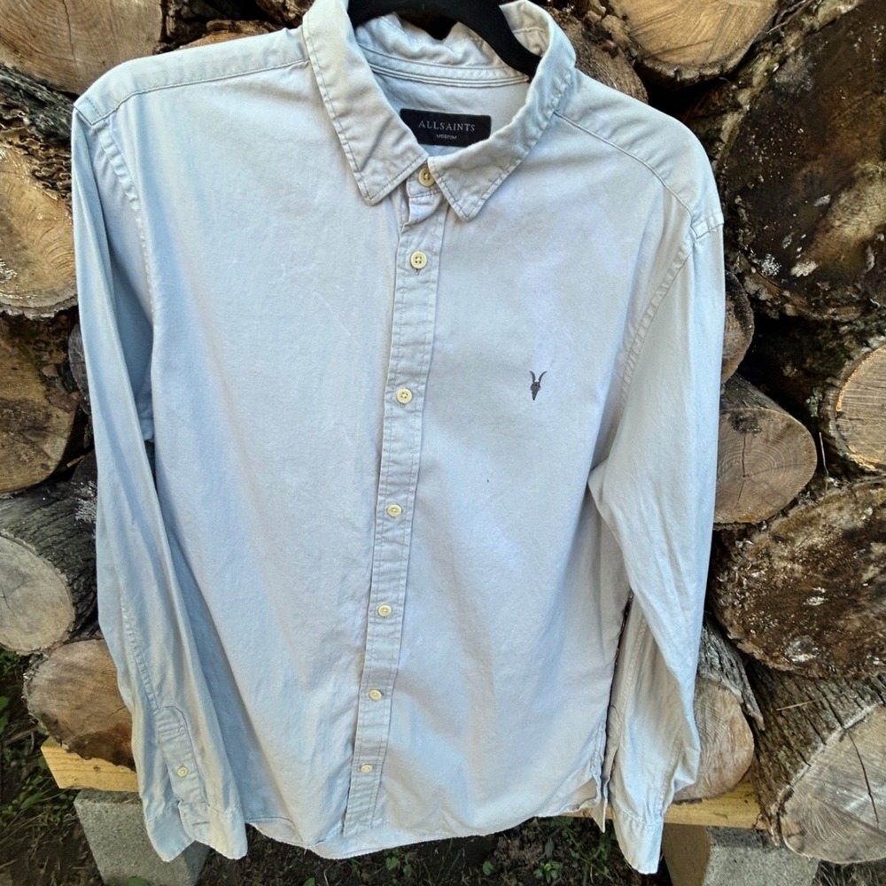 AllSaints Button Down Cotton Slim Fit Ramskull Logo Modern Minimalist Blue M